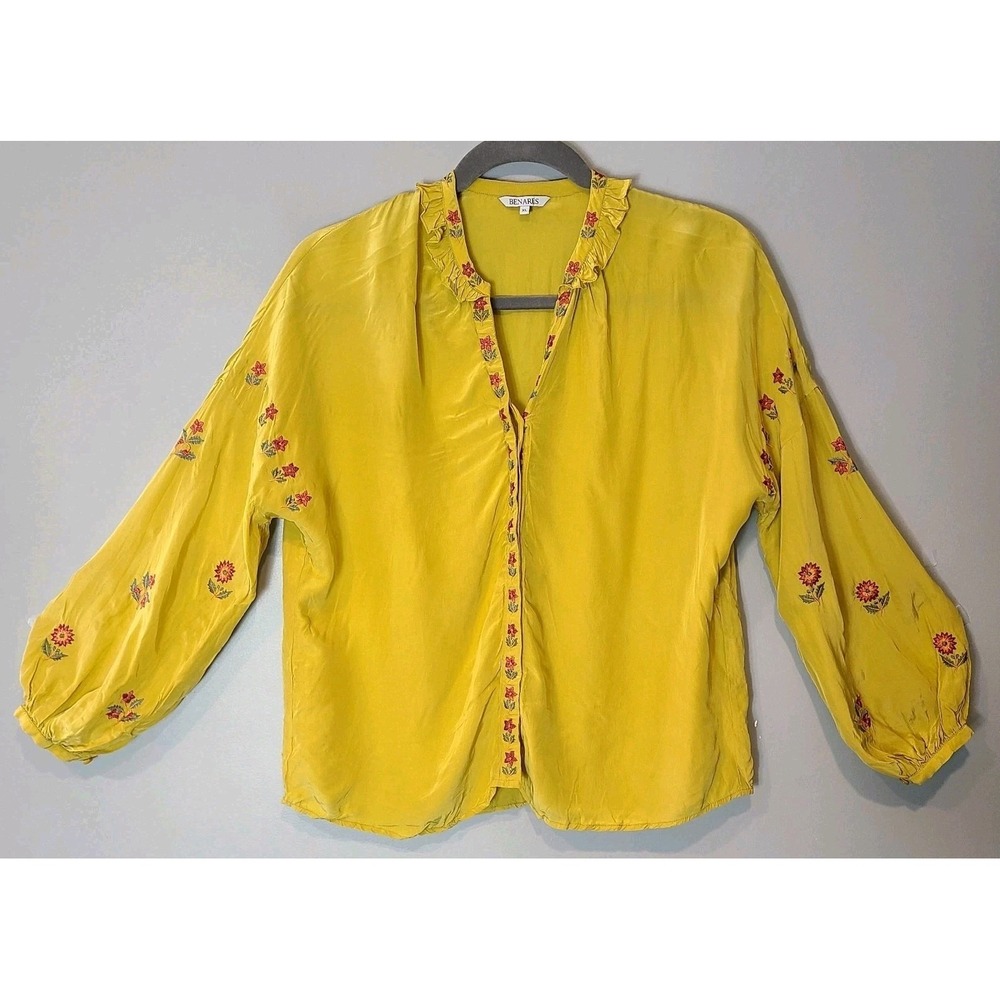 Benares‎ Romantic Boho Cottage Art Poet Blouse Womens Size XL Folk Floral Flowy